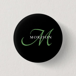 Elegant Modern Black Green Script Monogram Button