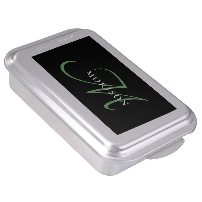 Elegant Modern Black Green Script Monogram Cake Pan (Side)
