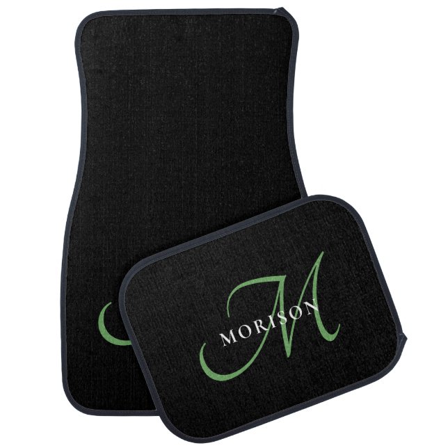 Elegant Modern Black Green Script Monogram Car Floor Mat (Set)