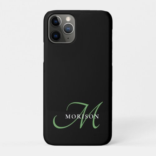Elegant Modern Black Green Script Monogram iPhone 11 Pro Case