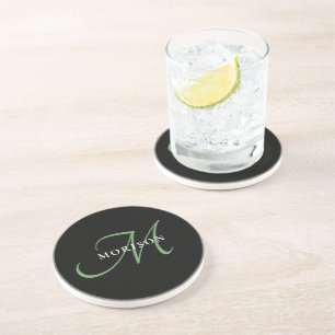 Elegant Modern Black Green Script Monogram Coaster