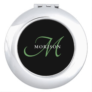 Elegant Modern Black Green Script Monogram Compact Mirror