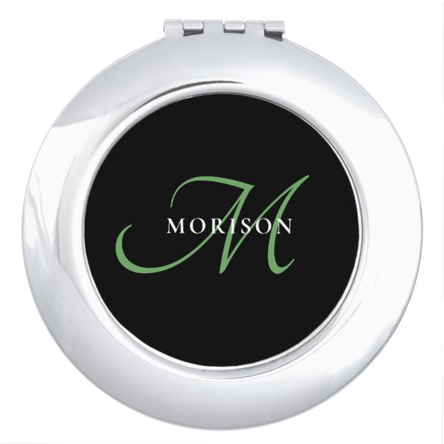 Elegant Modern Black Green Script Monogram Compact Mirror (Front)