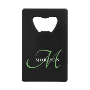Elegant Modern Black Green Script Monogram Credit Card Bottle Opener