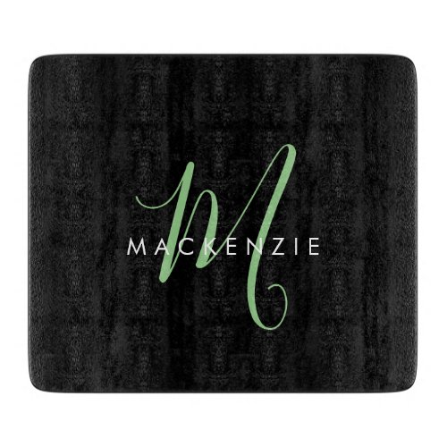 Elegant Modern Black Green Script Monogram Cutting Board