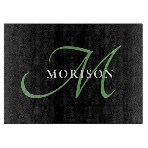Elegant Modern Black Green Script Monogram Cutting Board