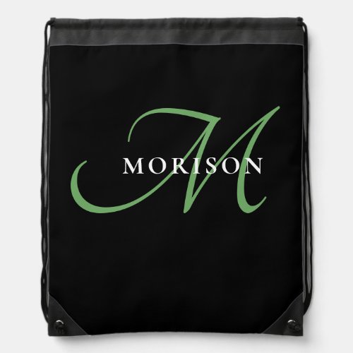Elegant Modern Black Green Script Monogram Drawstring Bag