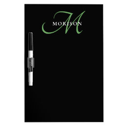 Elegant Modern Black Green Script Monogram Dry Erase Board