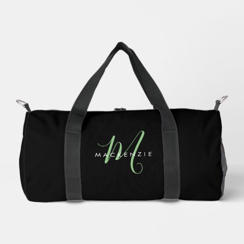 Elegant Modern Black Green Script Monogram Duffle Bag