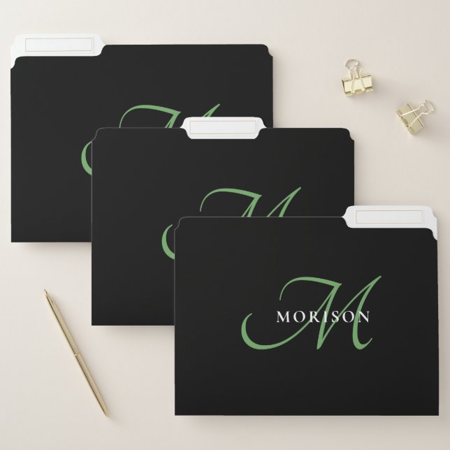Elegant Modern Black Green Script Monogram File Folder (Set)