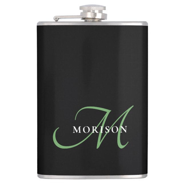 Elegant Modern Black Green Script Monogram Flask (Front)