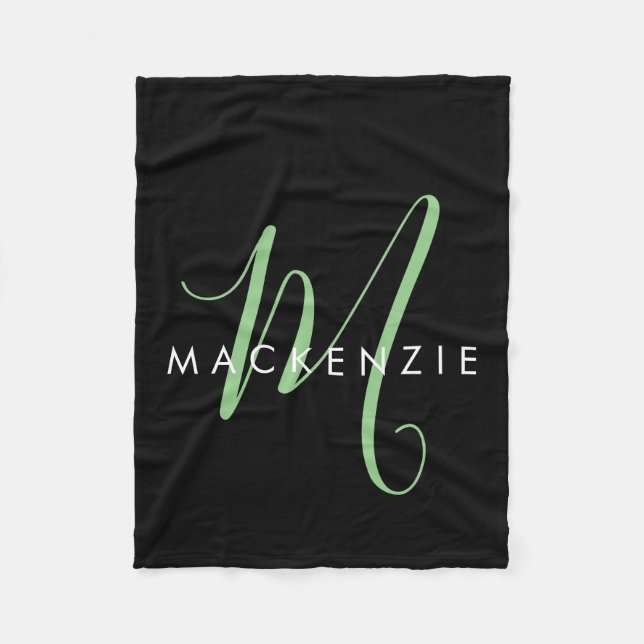 Elegant Modern Black Green Script Monogram Fleece Blanket (Front)