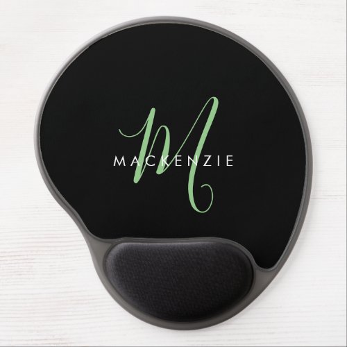 Elegant Modern Black Green Script Monogram Gel Mouse Pad