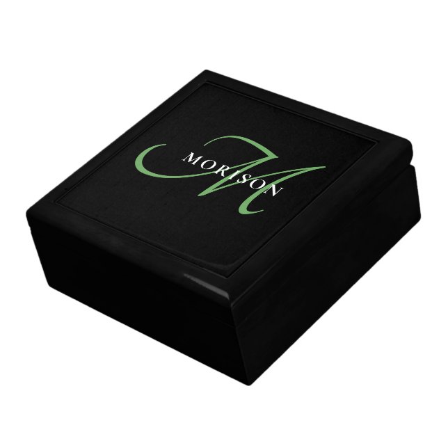 Elegant Modern Black Green Script Monogram Gift Box (Side)