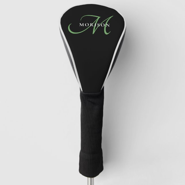 Elegant Modern Black Green Script Monogram Golf Head Cover (Front)
