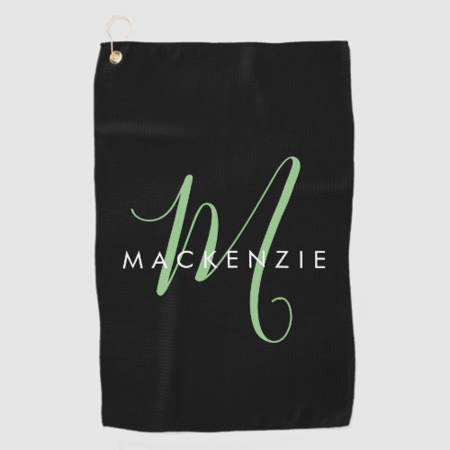 Elegant Modern Black Green Script Monogram Golf Towel
