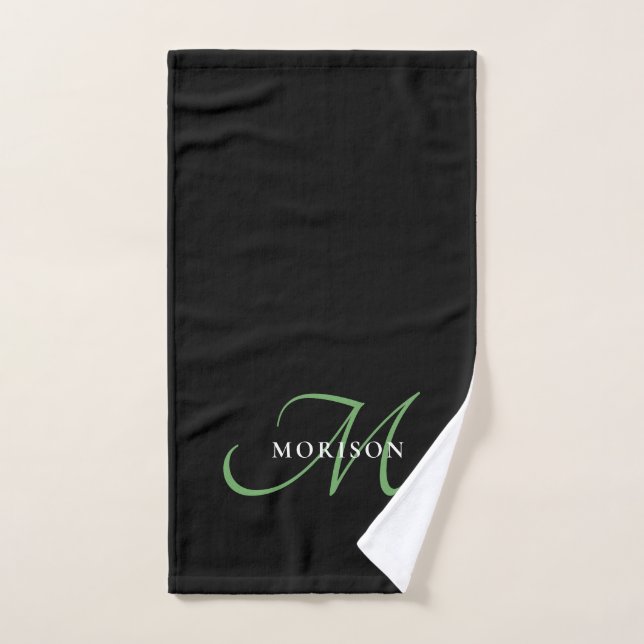 Elegant Modern Black Green Script Monogram Hand Towel (Hand Towel)