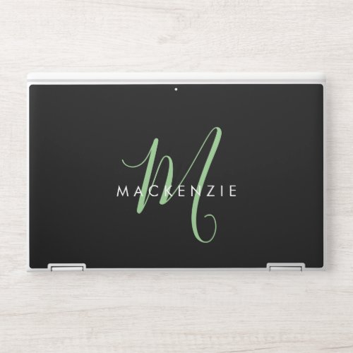 Elegant Modern Black Green Script Monogram HP Laptop Skin