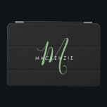 Elegant Modern Black Green Script Monogram iPad Mini Cover<br><div class="desc">Elegant Modern Black Green Script Monogram iPad Mini Cover.  An elegant green script monogram combined with a clean white san-serif font makes for a contemporary look.</div>