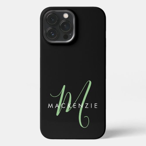 Elegant Modern Black Green Script Monogram iPhone 13 Pro Max Case