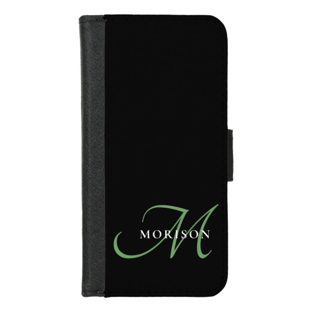 Elegant Modern Black Green Script Monogram iPhone Wallet Case (Front)