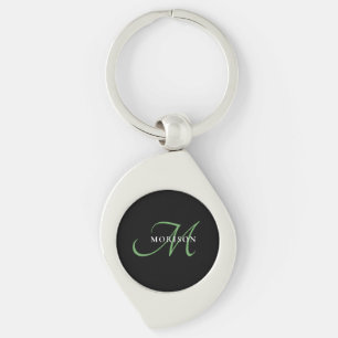 Elegant Modern Black Green Script Monogram Keychain
