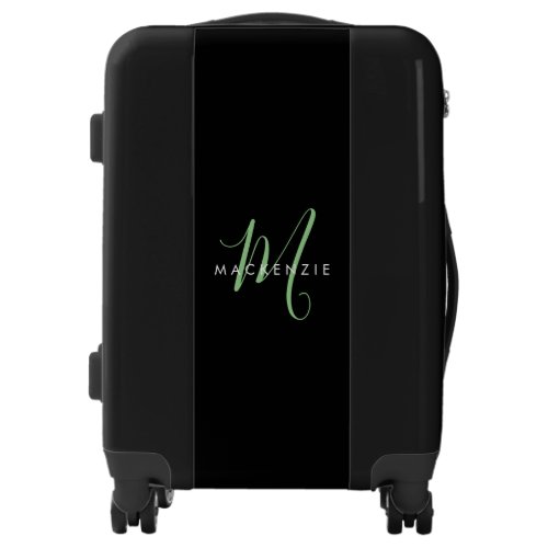 Elegant Modern Black Green Script Monogram Luggage