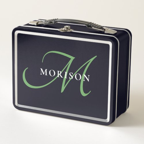 Elegant Modern Black Green Script Monogram Metal Lunch Box