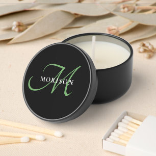 Elegant Modern Black Green Script Monogram Mini Candle Favors
