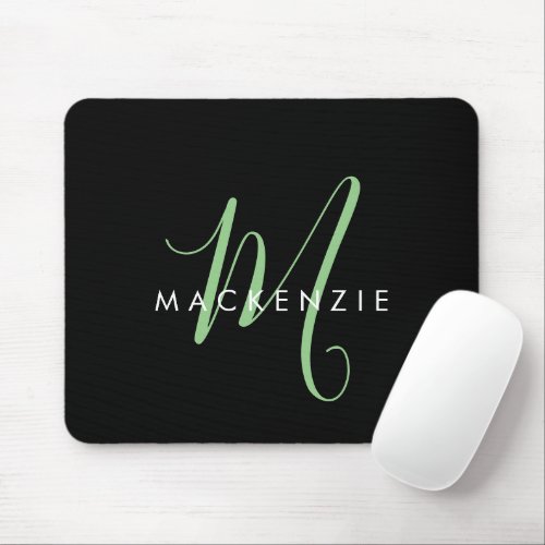 Elegant Modern Black Green Script Monogram Mouse Pad