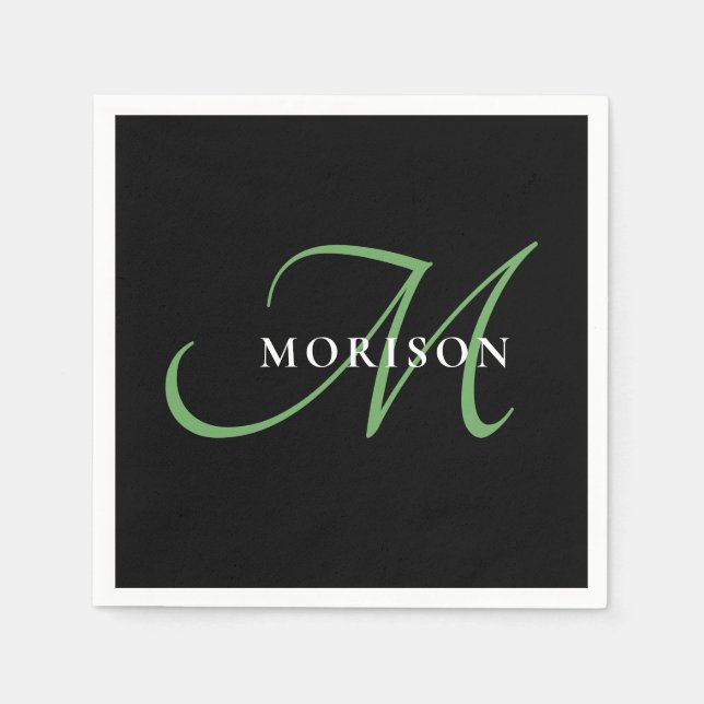 Elegant Modern Black Green Script Monogram Napkins (Front)