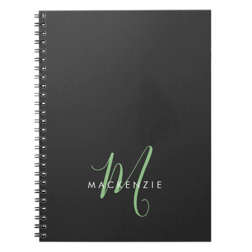 Elegant Modern Black Green Script Monogram Notebook