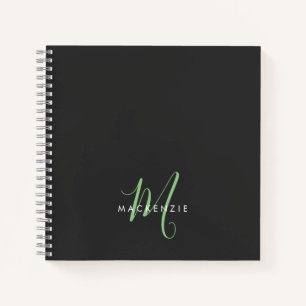 Elegant Modern Black Green Script Monogram Notebook