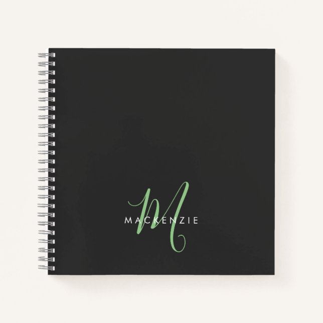 Elegant Modern Black Green Script Monogram Notebook (Front)