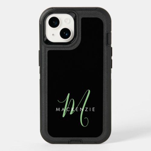 Elegant Modern Black Green Script Monogram OtterBox iPhone 14 Case