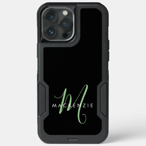 Elegant Modern Black Green Script Monogram iPhone 13 Pro Max Case