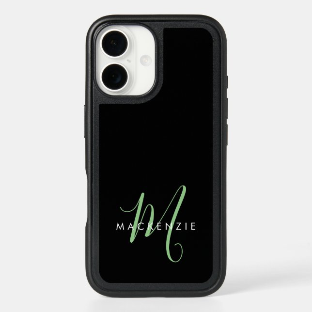 Elegant Modern Black Green Script Monogram Otterbox iPhone Case (Back)