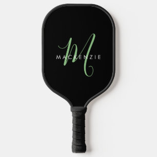 Elegant Modern Black Green Script Monogram Pickleball Paddle