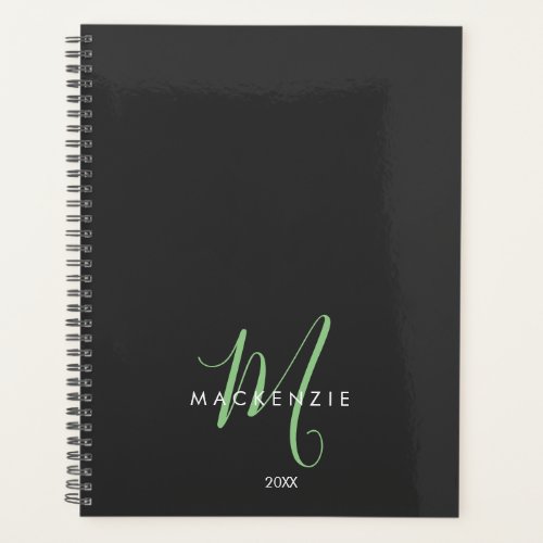 Elegant Modern Black Green Script Monogram Planner