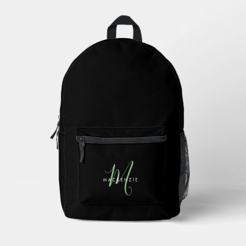 Elegant Modern Black Green Script Monogram Printed Backpack