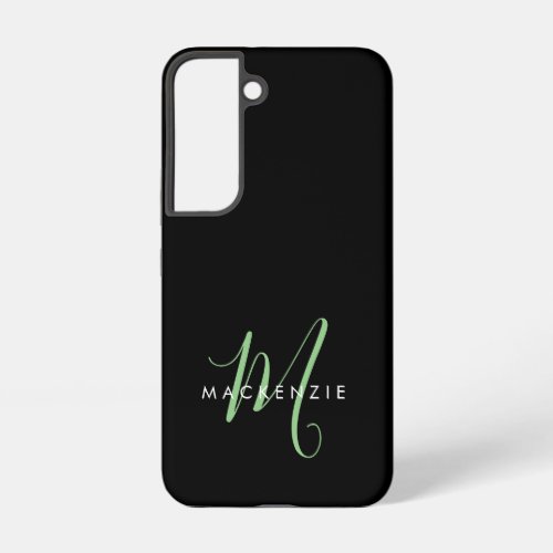 Elegant Modern Black Green Script Monogram Samsung Galaxy S22 Case