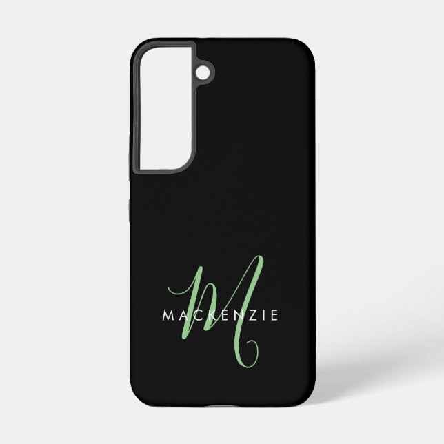 Elegant Modern Black Green Script Monogram Samsung Galaxy Case (Back)