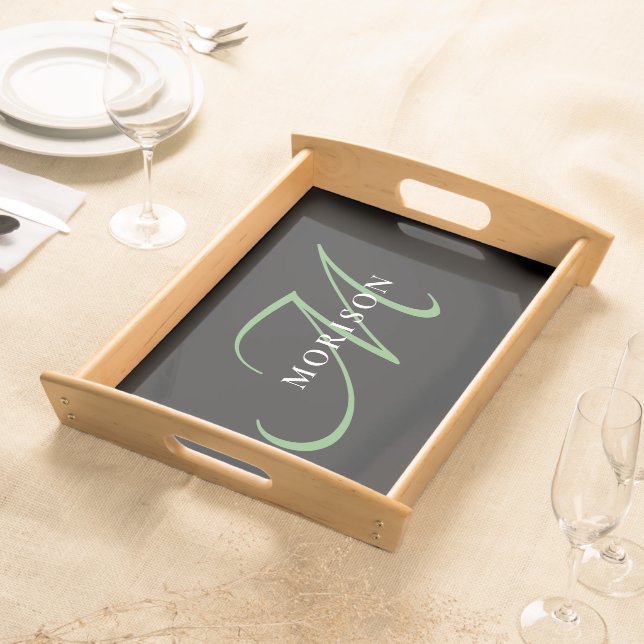 Elegant Modern Black Green Script Monogram Serving Tray (Front)