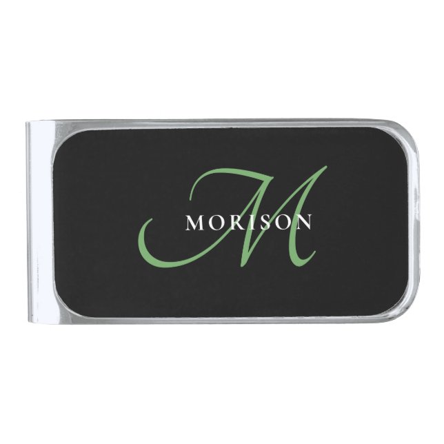 Elegant Modern Black Green Script Monogram Silver Finish Money Clip (Front)