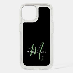 Elegant Modern Black Green Script Monogram iPhone 15 Case
