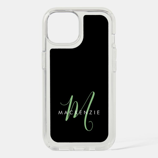 Elegant Modern Black Green Script Monogram Speck iPhone Case (Front)