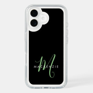 Elegant Modern Black Green Script Monogram iPhone 16 Case