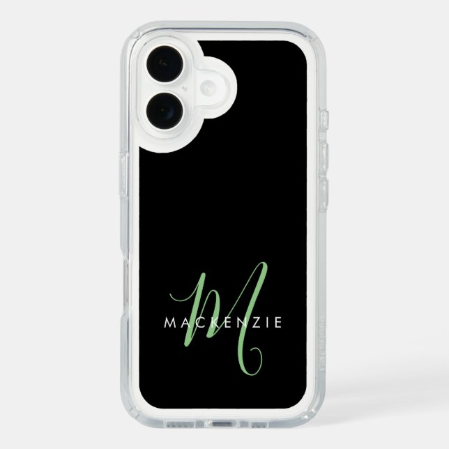 Elegant Modern Black Green Script Monogram Speck iPhone Case (Front)
