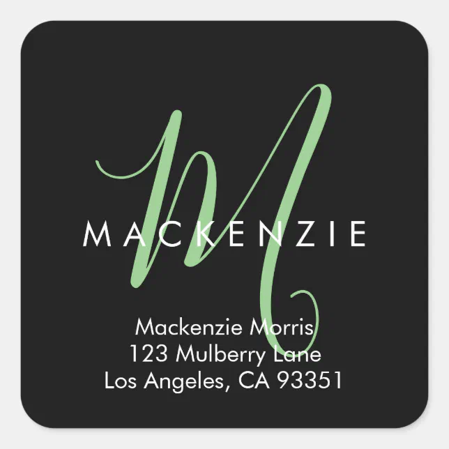 Elegant Modern Black Green Script Monogram Square Sticker | Zazzle