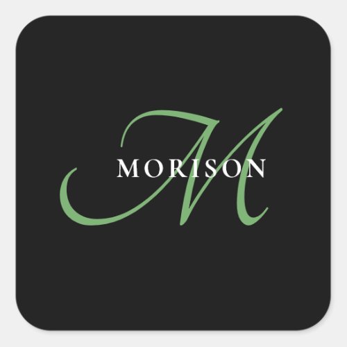 Elegant Modern Black Green Script Monogram Square Sticker